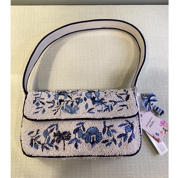 Tik Tok Viral Beaded Bag Purse TJ Maxx - Blue White Palm Trees + Charm NWT - Picture 2 of 7